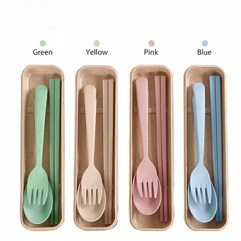 Sendok Travel Set Bahan Jerami (Sendok+Garpu+Sumpit+Box)