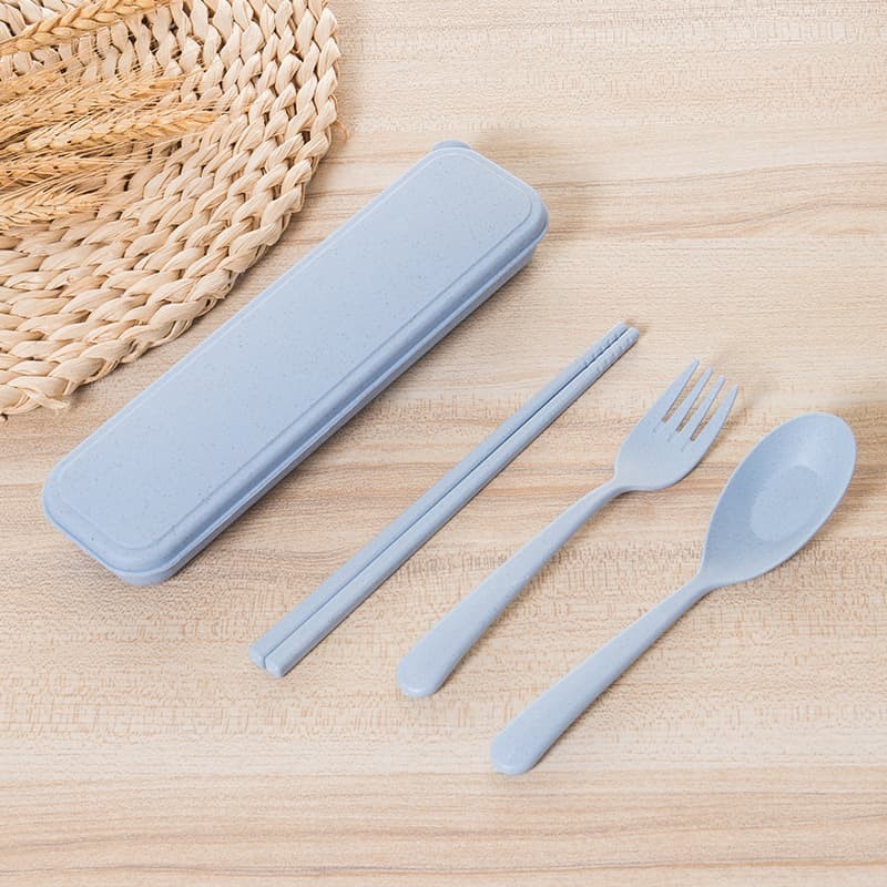 Sendok Travel Set Bahan Jerami (Sendok+Garpu+Sumpit+Box)