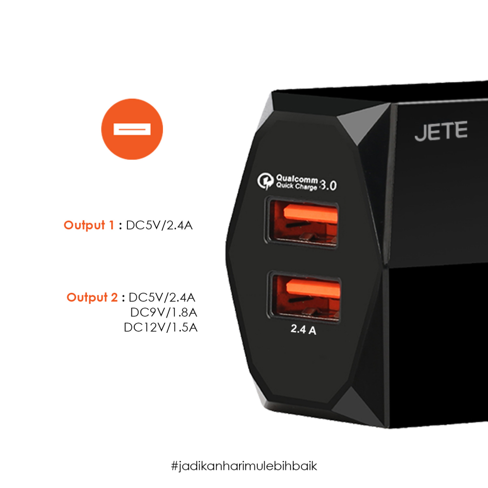 JETE Adaptor Batok C8 2USB 4.8A (Quick Charge 3.0) *