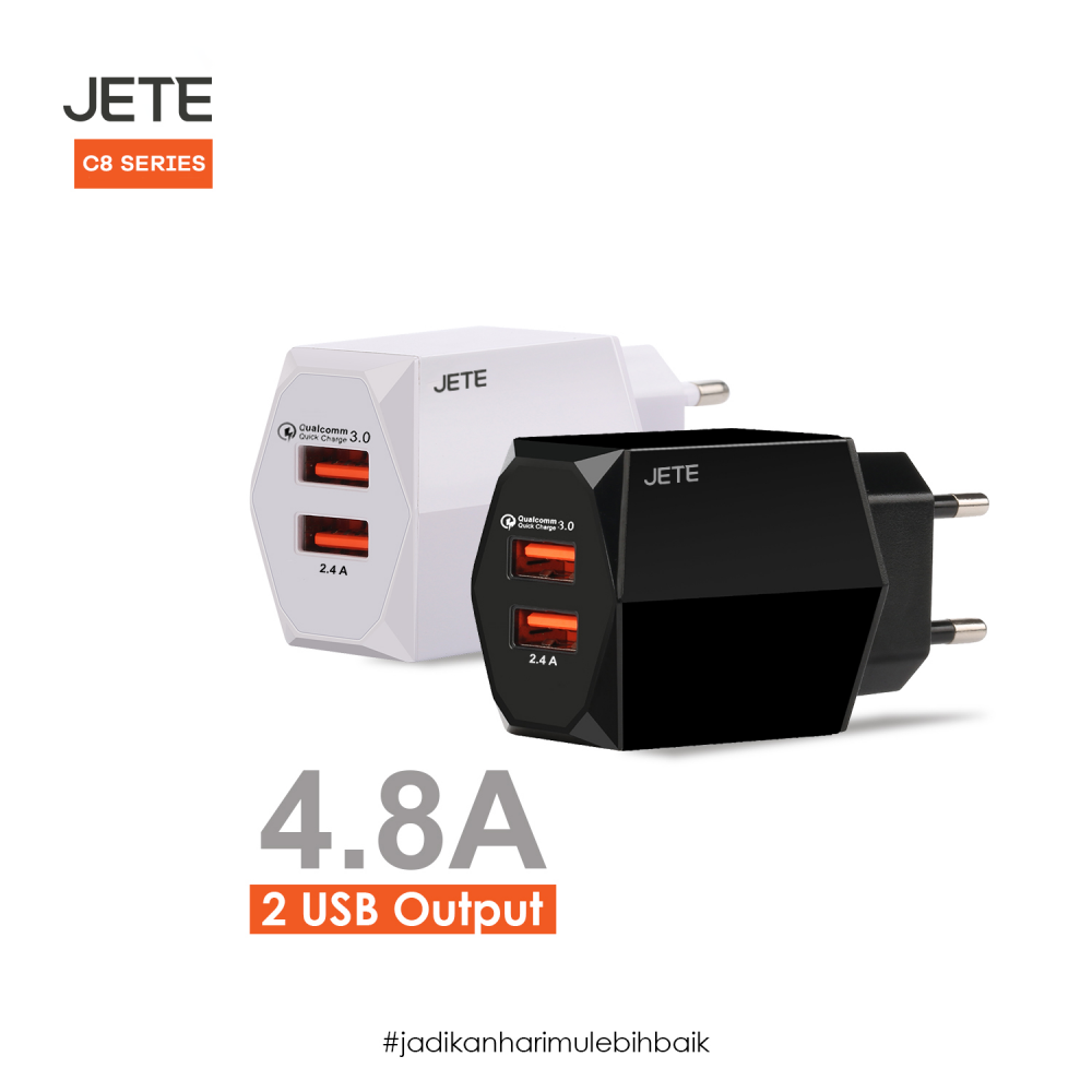 JETE Adaptor Batok C8 2USB 4.8A (Quick Charge 3.0) *