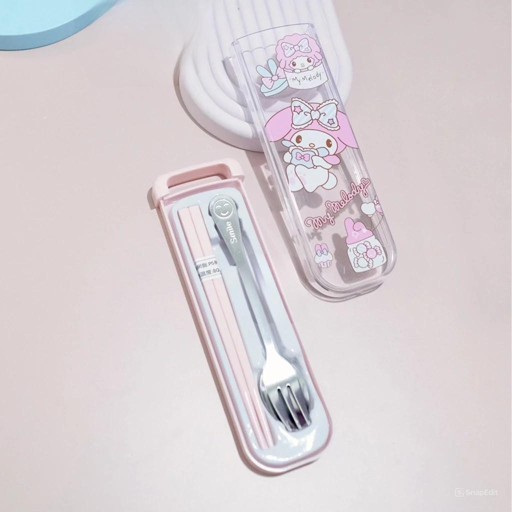 Alat Set Makan Sanrio 3in1 (Sendok + Garpu + Sumpit) - Alat Makan Stainless With Case