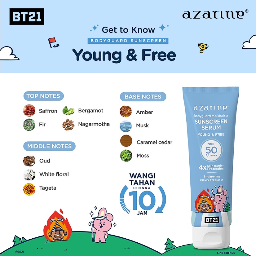 Azarine x BT21 Body Guard Moisturizer Sunscreen Serum SPF50 PA++++ 100ml - Young & Free (Biru)