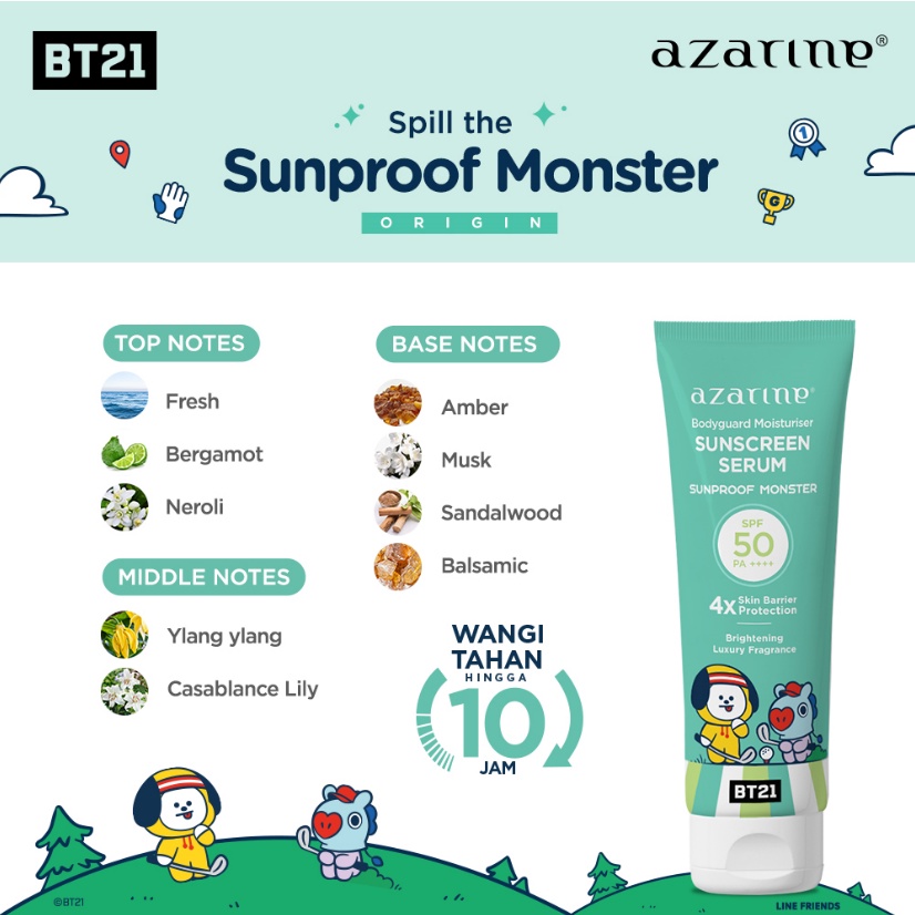 Azarine x BT21 Body Guard Moisturizer Sunscreen Serum SPF50 PA++++ 100ml - Sunproof Monster (Tosca)