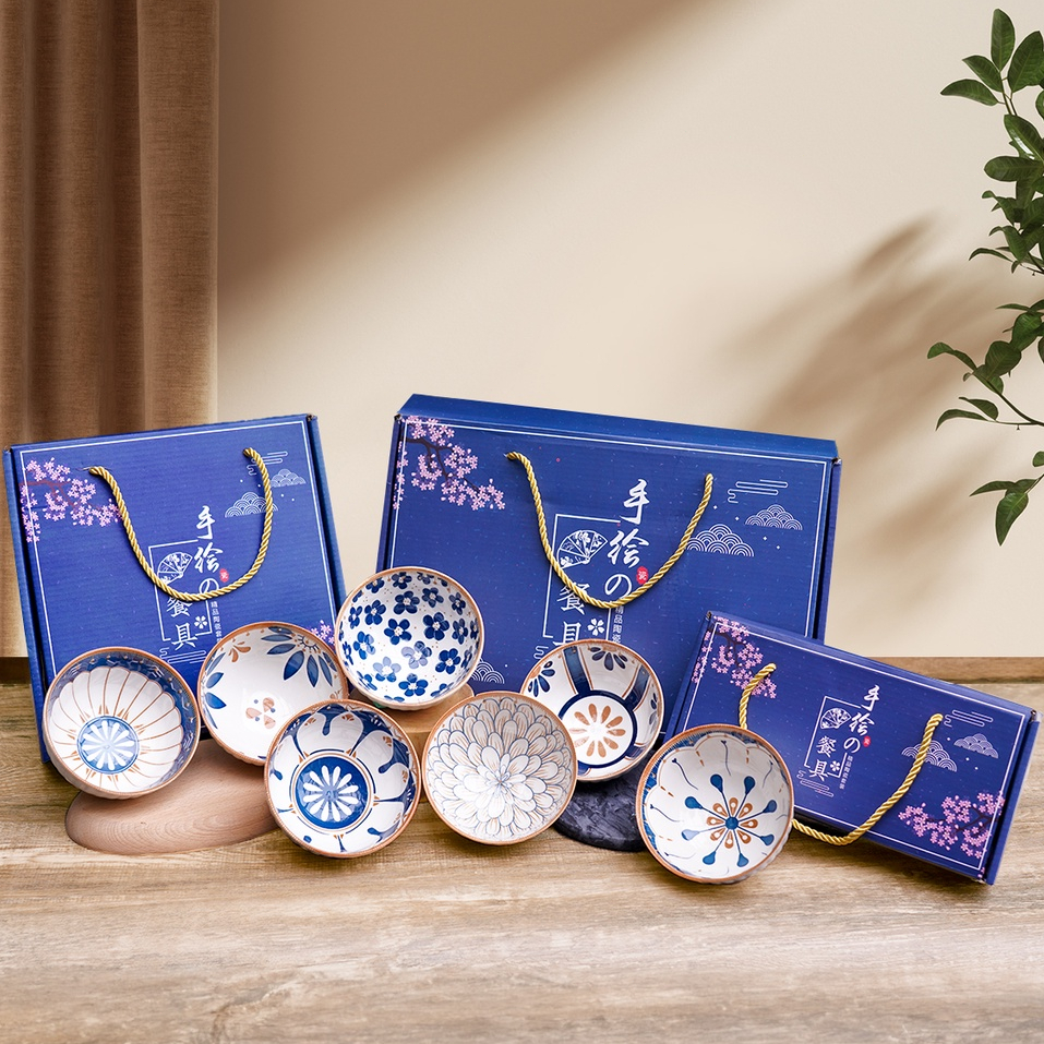 (Isi 4pcs) Mangkok Set Sumpit - Mangkok Souvenir Keramik Premium