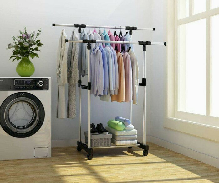 Double Rod Rack Double Pole - Rak Baju Gantung 2 Lapis + Roda