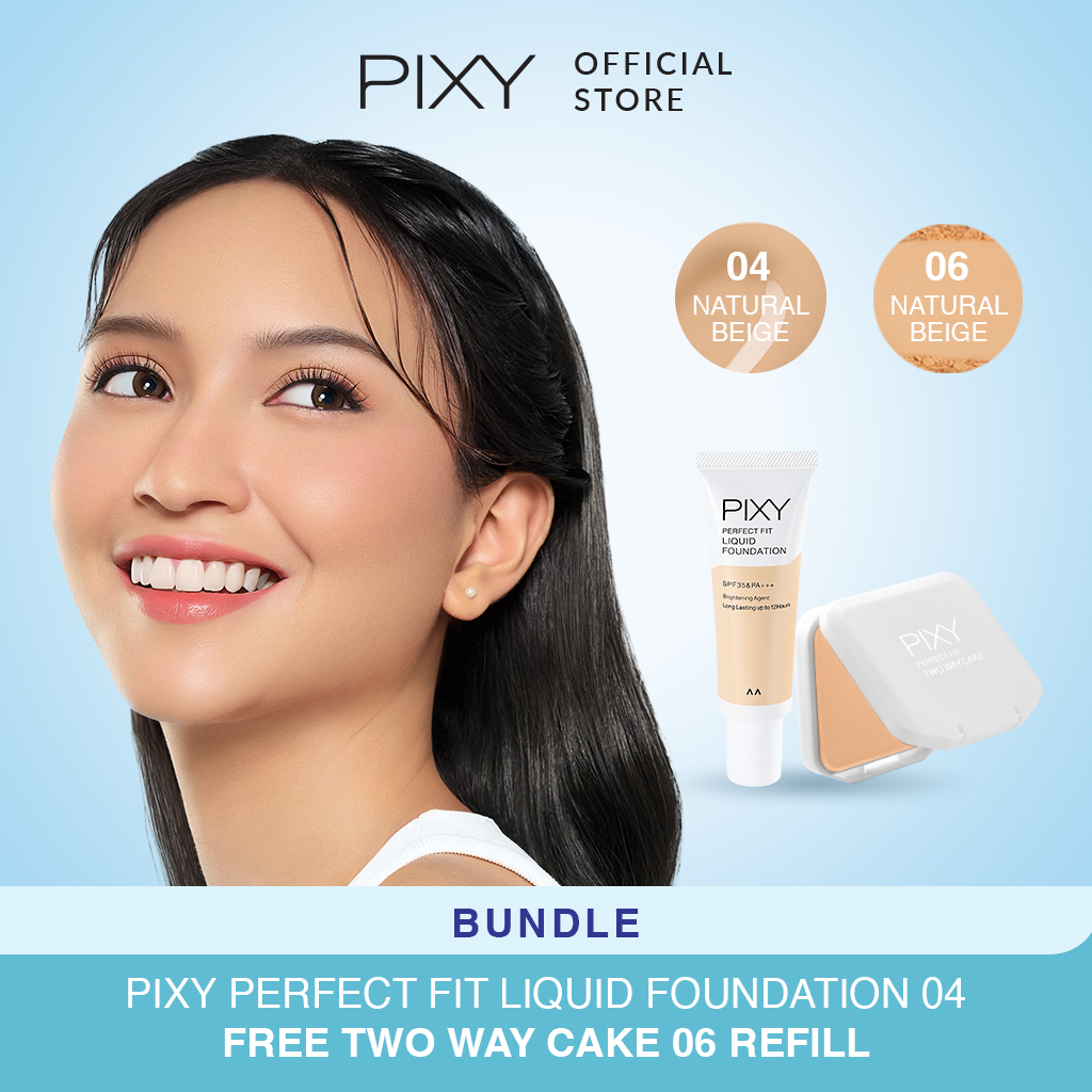 Pixy (Buy1 Free1) Perfect Fit Liquid Foundation 04 Natural Beige + Two Way Cake Refill 06 Natural Beige