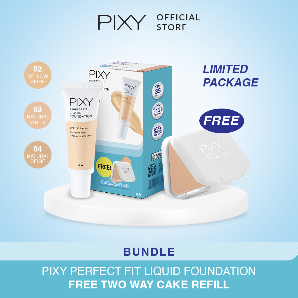Pixy (Buy1 Free1) Perfect Fit Liquid Foundation 04 Natural Beige + Two Way Cake Refill 06 Natural Beige