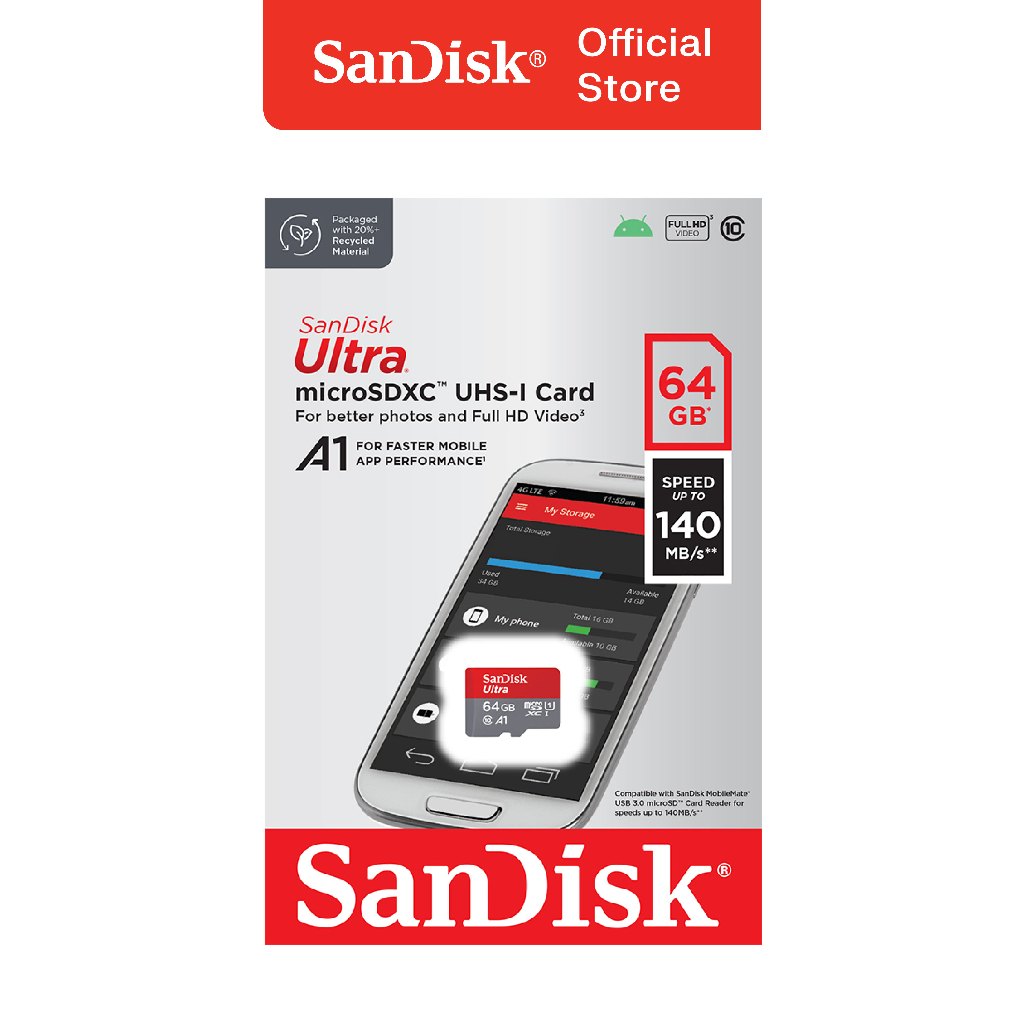 Sandisk Micro SD CL10 A1 (NA) - 64GB 140Mbps Sandisk Micro SD CL10 A1 (NA) - 64GB 140Mbps