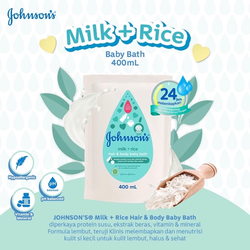 Johnsons Baby Hair & Body Baby Bath - Milk Rice REFILL 400ml (Free Tumbler)