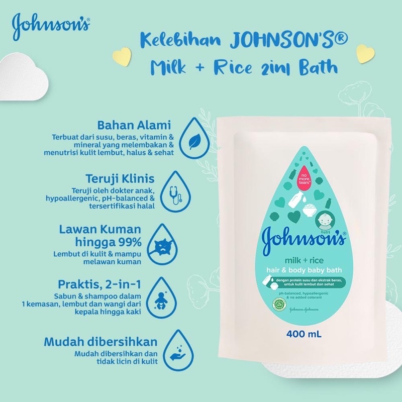 Johnsons Baby Hair & Body Baby Bath - Milk Rice REFILL 400ml (Free Tumbler)