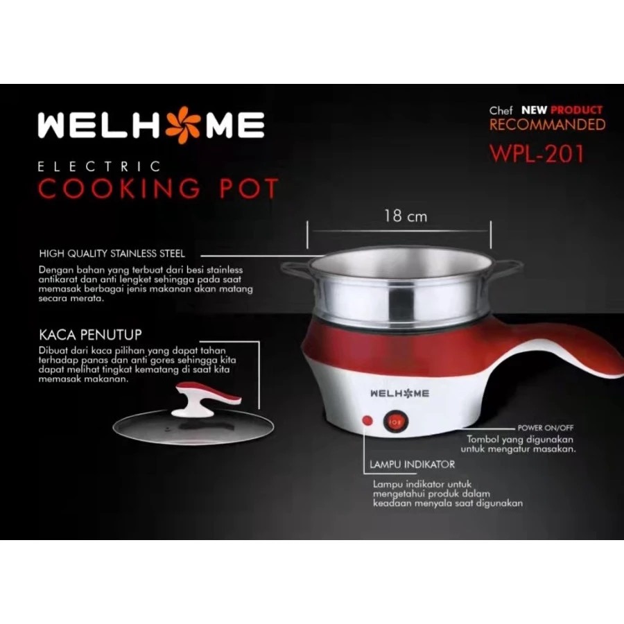 Welhome Panci Listrik WPL-201 18cm - Electric Cooking Pot 3in1