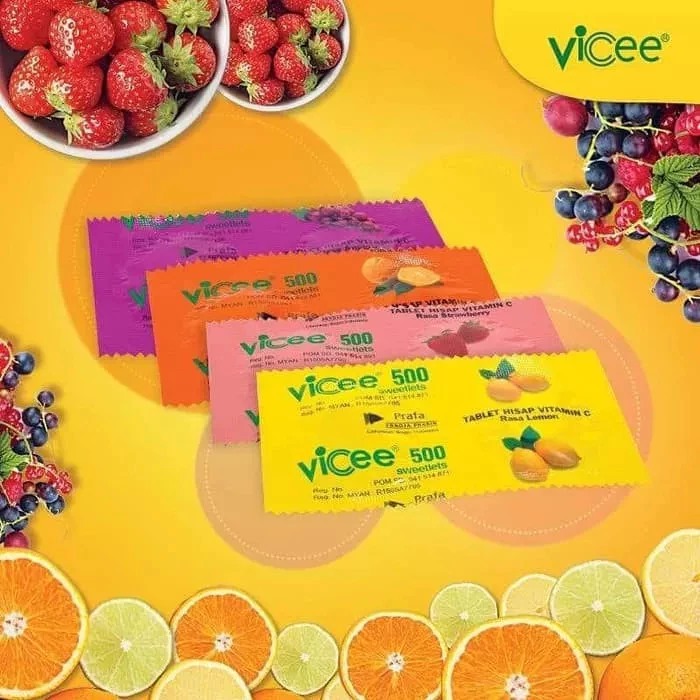 Vicee 500 Sweetlets Tablet Hisap Vitamin C (1 Strip 2 Tablet) - Rasa Strawberry