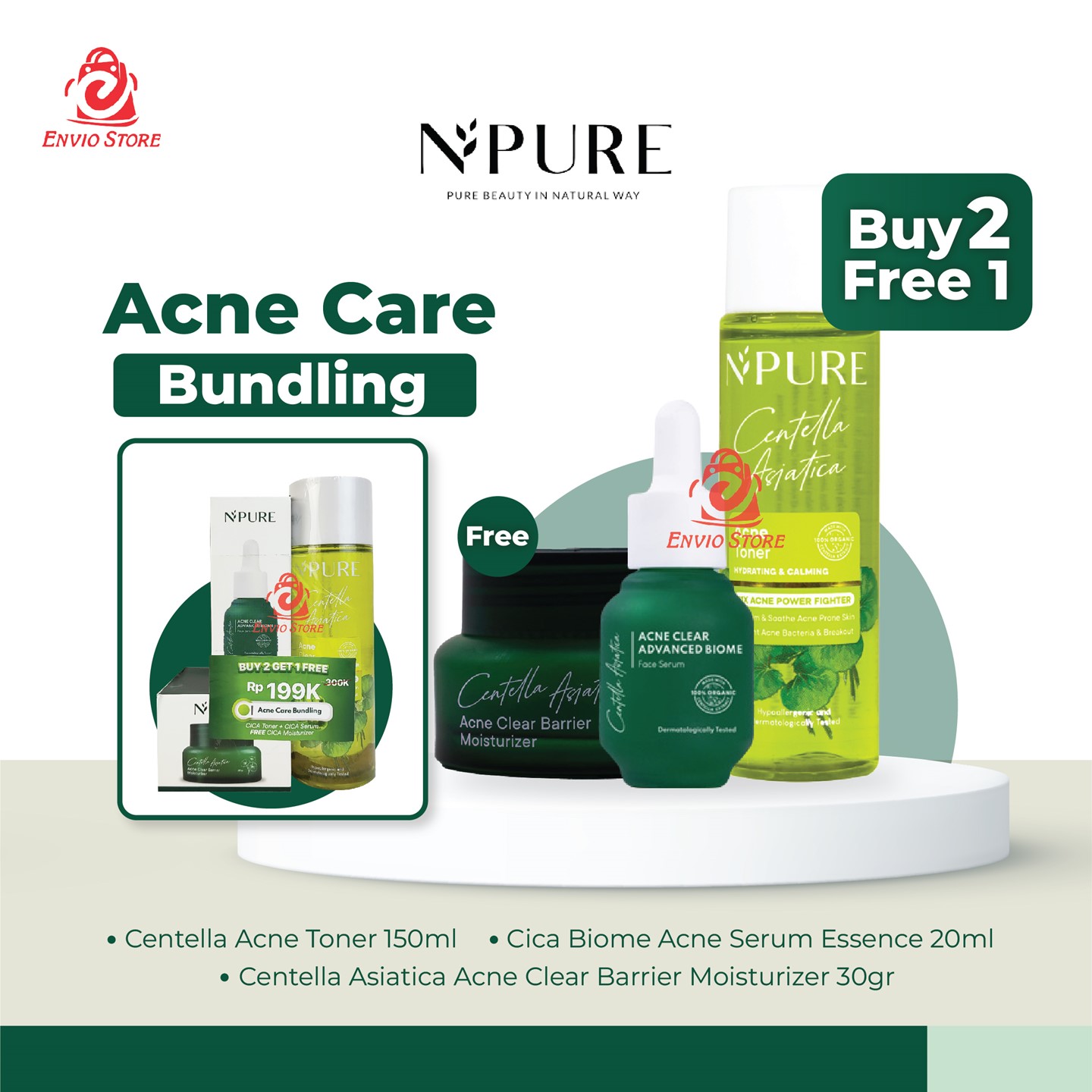 Npure Acne Care Bundling - Centella Acne Toner, Acne Biome Serum, Acne Clear Moisturizer (Buy 2 Free 1)