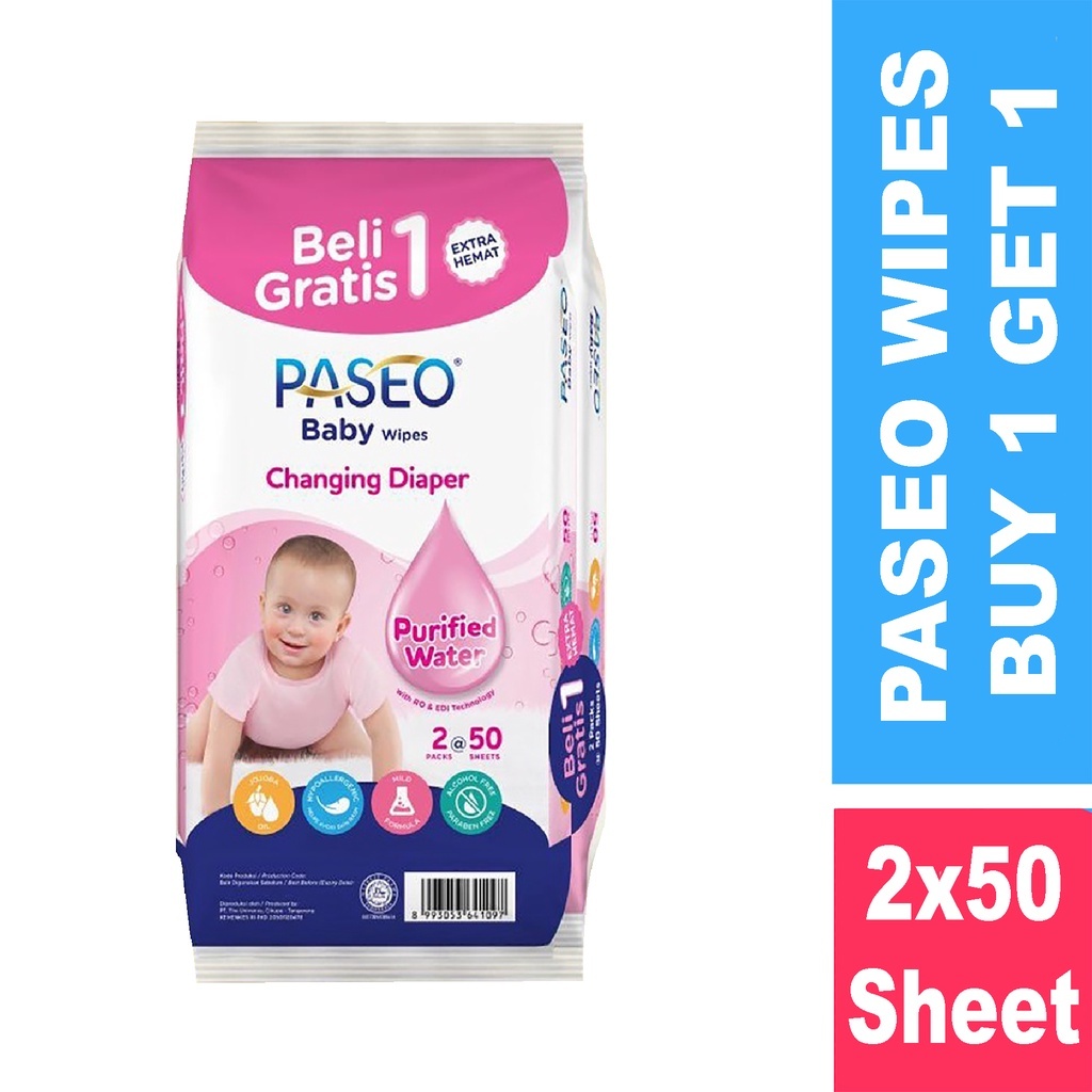 (Beli1 Gratis1) Tissue Basah Paseo Baby Wipes Changing Diaper 50s - Pink