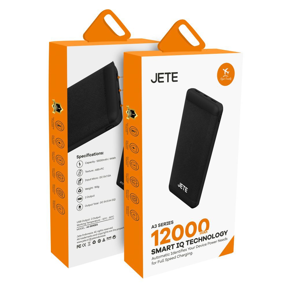 JETE Powerbank A3 Series Fast Charging 12000mAh - Smart IQ Technology
